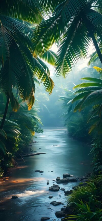 Serene tropical river scene with lush palm trees and calm reflections, creating a tranquil rainforest vibe | 4K Wallpaper for Mobile