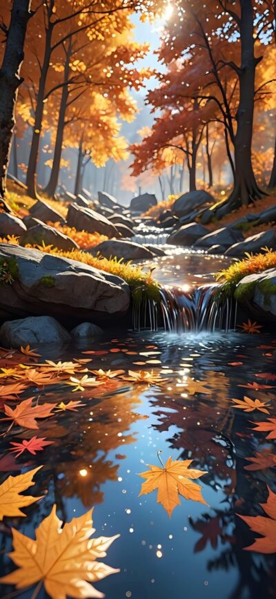 Serene autumn landscape with a stream, vibrant orange and yellow leaves for a picturesque atmosphere | 4K Wallpaper for Mobile