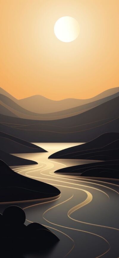 Serene river landscape with dark hills and a glowing sun, exuding tranquility. Gold & black hues | 4K Wallpaper for Mobile