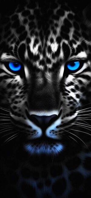 Leopard with vibrant blue eyes against dark background, showcasing intricate fur patterns | 4K Wallpaper for Mobile