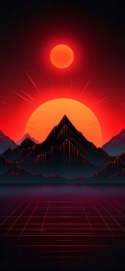 Retro-futuristic neon red landscape with grid and sunset, synthwave art. Perfect for mobile | 4K Wallpaper