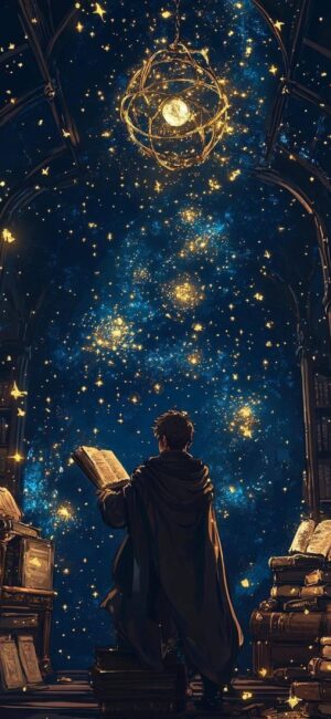 Mystical library scene with person gazing at cosmic stars and galaxies under ancient apparatus | Blue, Gold, Black | 4K Wallpaper for Mobile