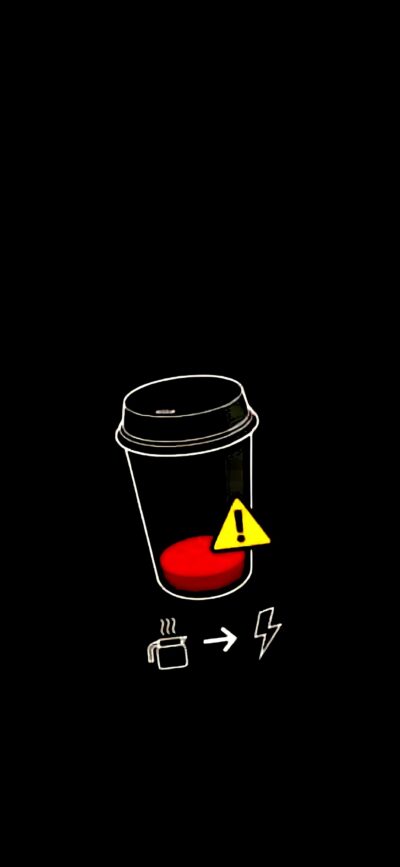 Minimalist coffee cup with warning and energy symbol in black, red, yellow; depicts low coffee level | 4K Wallpaper for Mobile