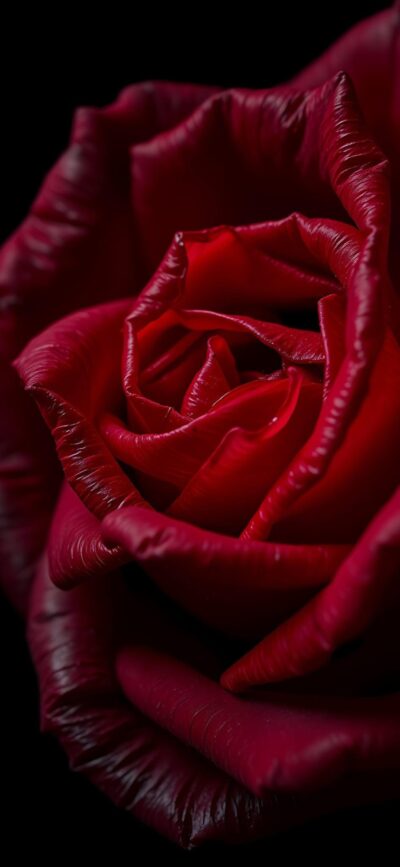 Close-up of a red rose with velvety petals and dark background, offering a luxurious, romantic feel | 4K Wallpaper for Mobile