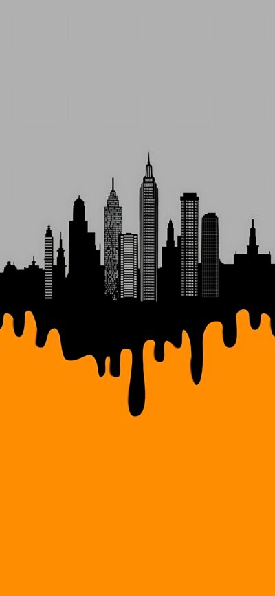 City skyline silhouette with vivid orange drip effect on gray. Unique cityscape design | 4K Wallpaper for Mobile