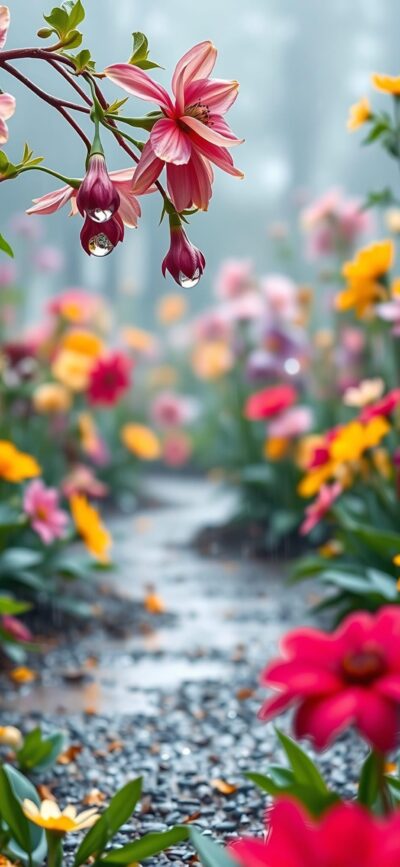 Serene garden path with vibrant pink, yellow, and red flowers, dewdrops on blooms | 4K Wallpaper for Mobile