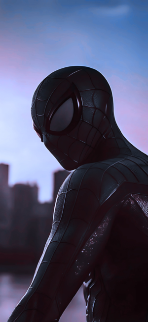 Spiderman in dark suit, cityscape at twilight; web pattern, costume details | Black, Blue | 4K Wallpaper for Mobile | Spiderman