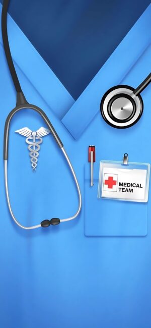 Medical-themed wallpaper with stethoscope, Caduceus, pen, "Medical Team" badge on blue scrub top background | 4K Wallpaper for Mobile