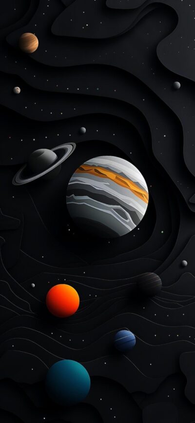 Stylized space scene with planets, stars, and a Saturn-like ringed planet in a minimalist cosmic view | 4K Wallpaper for Mobile