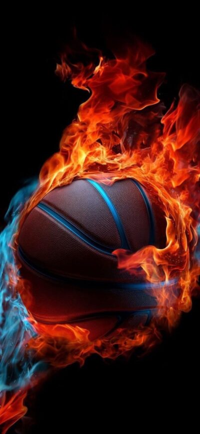 Basketball engulfed in vibrant flames with orange and blue hues, creating an energetic visual | 4K Wallpaper for Mobile