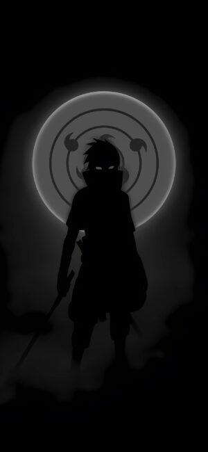 Silhouetted ninja figure with Sharingan symbol from Naruto anime | Black & Gray | 4K Wallpaper for Mobile