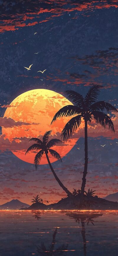 Serene tropical beach with silhouetted palm trees at sunset, vibrant orange-red sky mirrored on the sea, birds silhouetted. | 4K Wallpaper | for Mobile