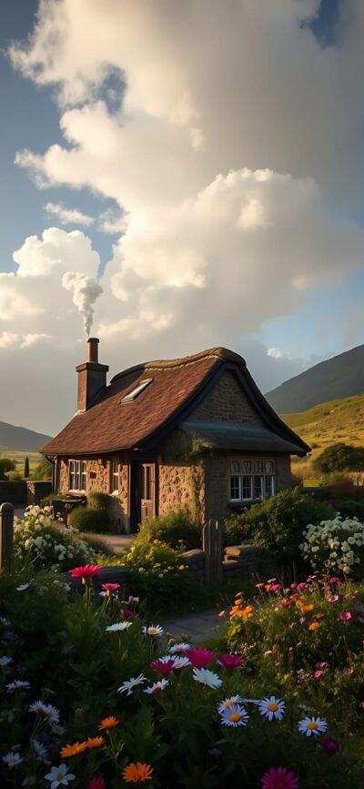 Charming stone cottage in a vibrant garden with hills and clouds | Blue, green, brown, pink, white | 4K Wallpaper for Mobile