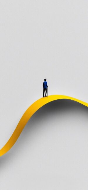 Minimalist design with a figure on a curved yellow line, gray backdrop; solitude theme | 4K Wallpaper, for Mobile