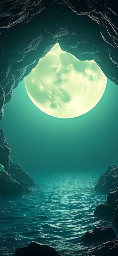 Moonlit scene in a rocky cave with a full moon and illuminated water; mystical ambiance. | 4K Wallpaper, for Mobile | Black, Blue, Green