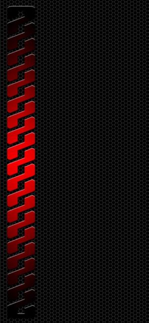 Vertical red metallic chain on textured black honeycomb; minimalistic and futuristic design. | 4K Wallpaper for Mobile