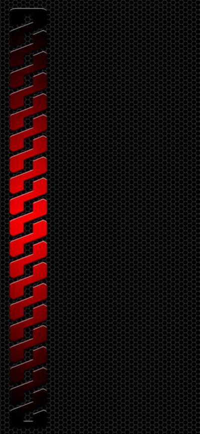 Vertical red metallic chain on textured black honeycomb; minimalistic and futuristic design. | 4K Wallpaper for Mobile