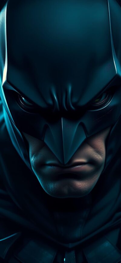 Batman close-up portrait in dark costume, brooding expression for Mobile | Black & Dark Blue | 4K Wallpaper