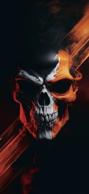 Skull artwork with red, orange, and white fire elements; abstract, edgy design ideal for gothic art lovers | 4K Wallpaper for Mobile