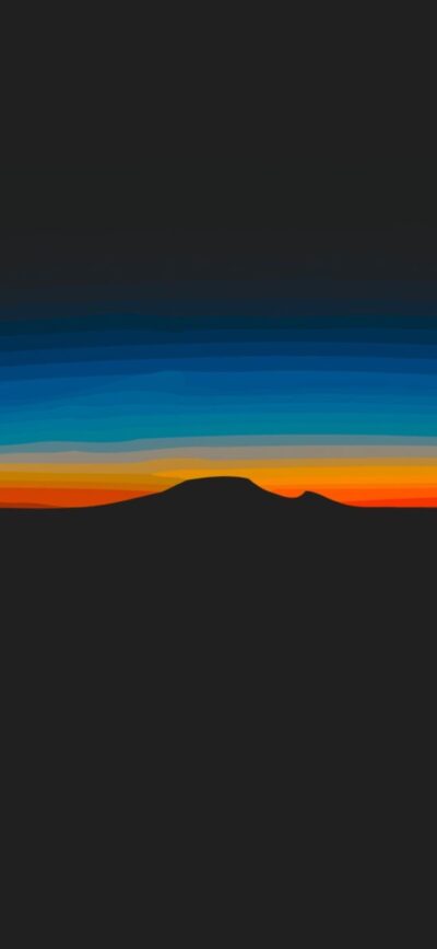 Minimalist landscape with hill silhouettes against a vibrant sunset sky, dark blue to light orange gradient | 4K Wallpaper for Mobile