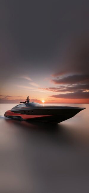 Sleek motor yacht at sunset with orange and pink sky | 4K Wallpaper for Mobile