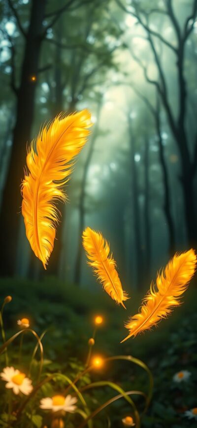 Serene forest with glowing yellow feathers, misty trees, light orbs & white flowers | Yellow, green, black | 4K Wallpaper for Mobile