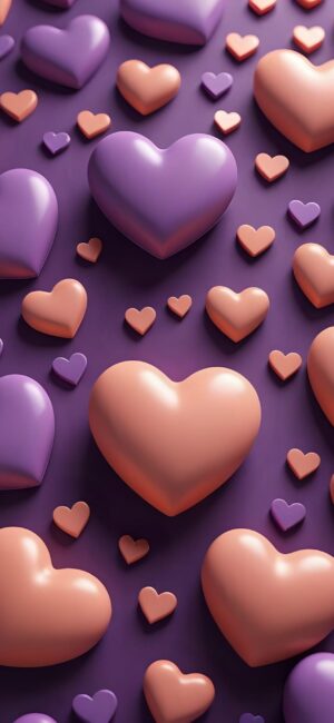 3D hearts in purple and peach on a dark purple background create a vibrant, romantic design | 4K Wallpaper for Mobile