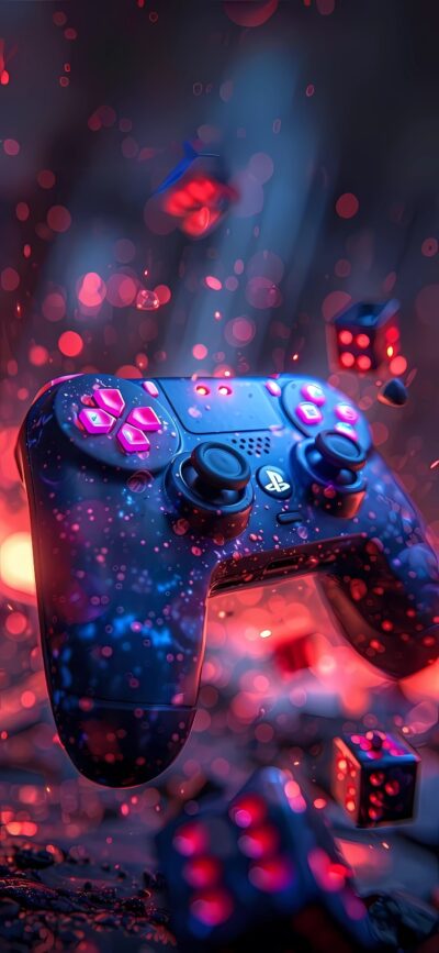 PlayStation controller with glowing cubes & bokeh effects, dynamic gaming vibe. Colors: Blue, Red | 4K Wallpaper for Mobile