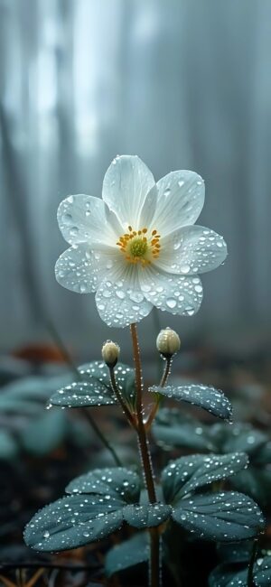 White flower with dewdrops and green leaves on a blurred background, highlighting purity and elegance | 4K Wallpaper for Mobile