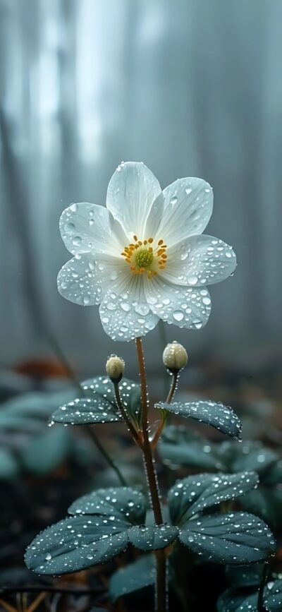 White flower with dewdrops and green leaves on a blurred background, highlighting purity and elegance | 4K Wallpaper for Mobile