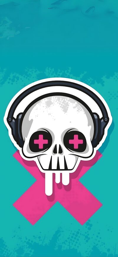 Stylized skull with headphones and pink cross-shaped eyes on turquoise background, dripping effect | 4K Wallpaper for Mobile