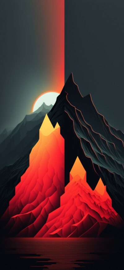 Abstract mountains in dark and vibrant red tones with sunrise effect, geometric shapes for depth | 4K Wallpaper for Mobile