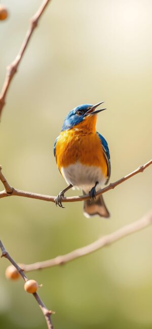 Vibrant bird with blue and orange plumage on a branch, highlighted by a blurred natural background | 4K Wallpaper for Mobile