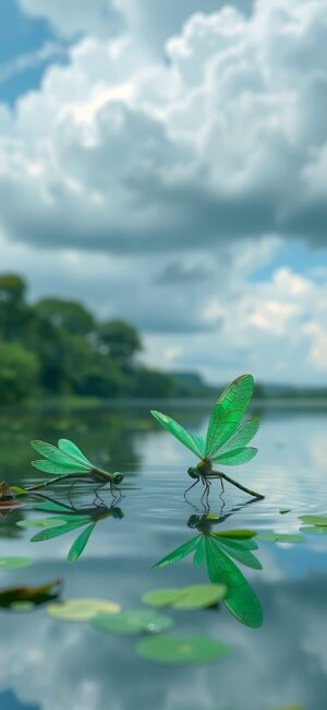 Nature scene with green dragonflies on water, lily pads, lush landscape, and cloudy sky | 4K Wallpaper, for Mobile