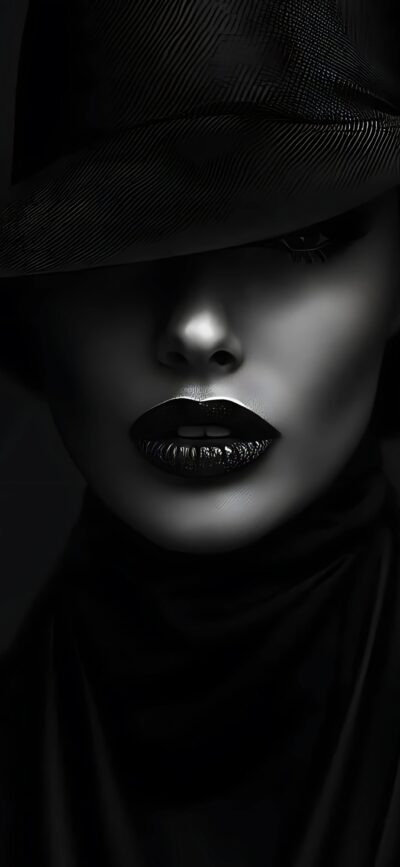 Mysterious woman in black and gray tones under a wide-brimmed hat, embodying noir elegance | 4K Wallpaper for Mobile