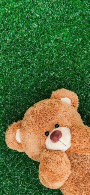 Cute teddy bear on lush green grass, adding warmth to your mobile screen | 4K Wallpaper for Mobile