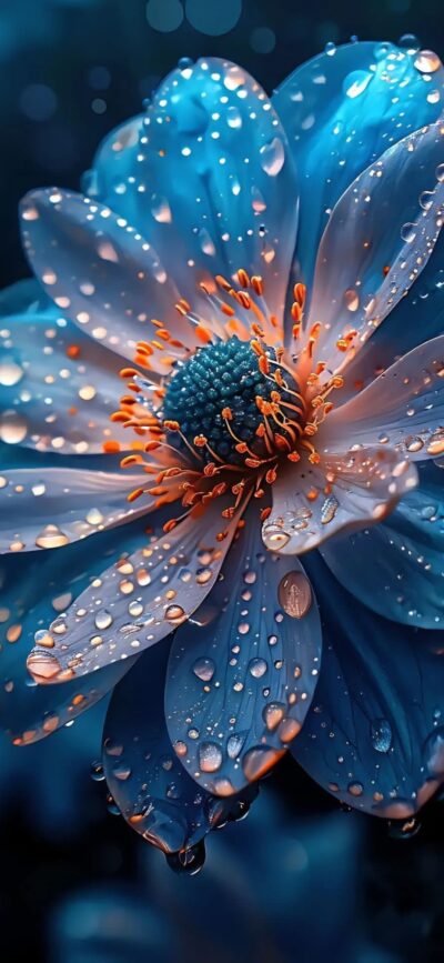 Close-up of blue petals with dew drops and orange stamens, creating a refreshing visual effect | 4K Wallpaper for Mobile