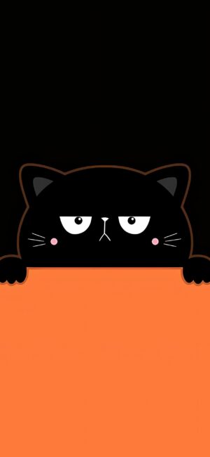 Grumpy cartoon black cat peeking over an orange surface, playful dark background | 4K Wallpaper for Mobile | Cat, Cute, Cartoon