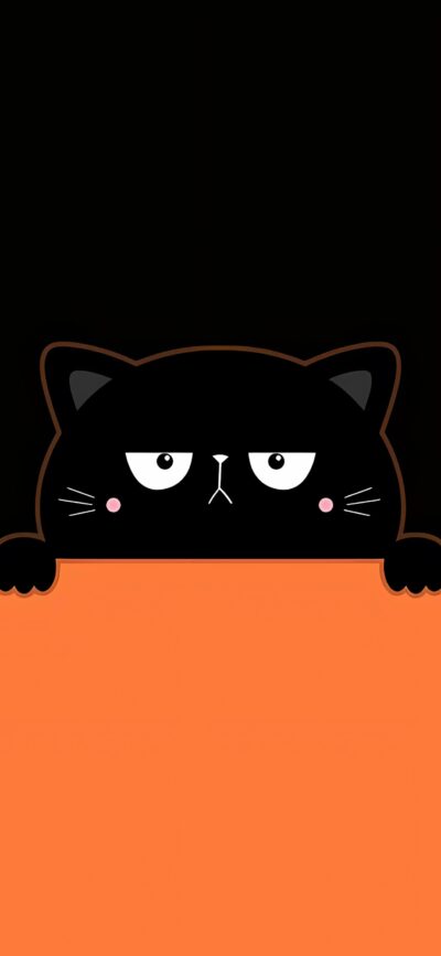 Grumpy cartoon black cat peeking over an orange surface, playful dark background | 4K Wallpaper for Mobile | Cat, Cute, Cartoon