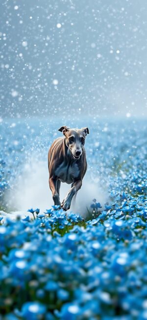 Dog running in blue flower field with gentle snowfall, creating a serene scene. | Blue, White, Grey | 4K Wallpaper for Mobile