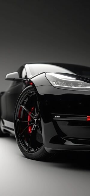 Sleek black car with red-accented rims on a gradient dark background, emphasizing luxury | 4K Wallpaper for Mobile | Black, gray, red