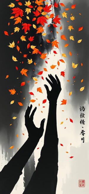 Silhouetted hands against falling autumn leaves in vibrant red, orange, and yellow hues | 4K Wallpaper for Mobile