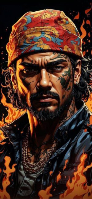 Colorful bandana character with tattoos and flames, intense expression | 4K Wallpaper for Mobile | Red, orange, black tones