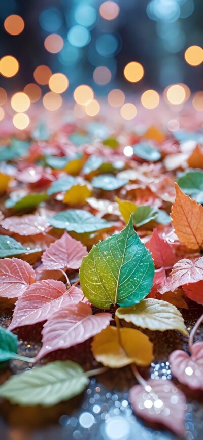 Colorful autumn leaves with dewdrops against bokeh lights in 4K | For Mobile | Green, orange, yellow, red leaves.