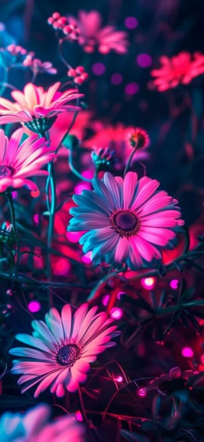 Vibrant neon-lit daisies on a dark background in pink and blue hues, modern abstract look | 4K Wallpaper for Mobile