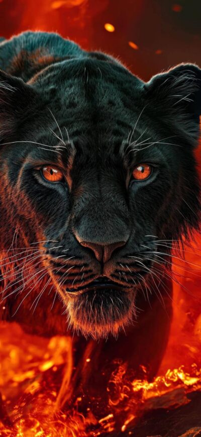 Majestic black tiger with orange eyes in a fiery background | 4K Wallpaper for Mobile