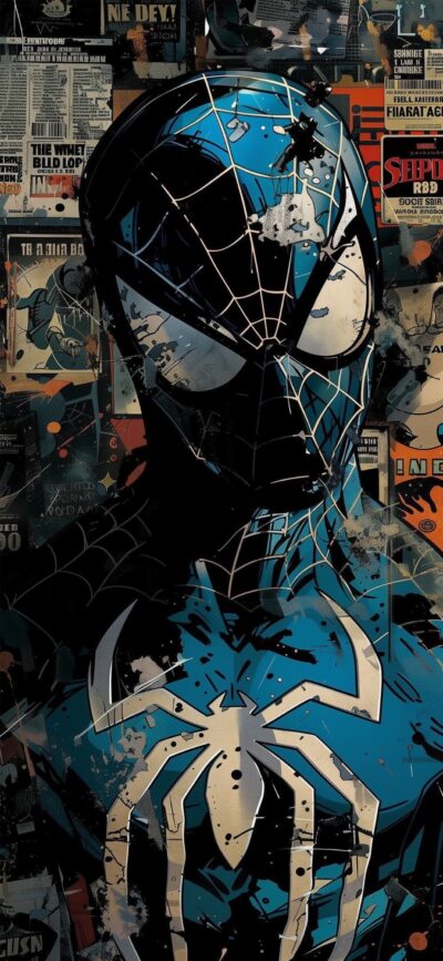 Spider-Man in black and blue suit with a grunge comic panel backdrop for Mobile | 4K Wallpaper