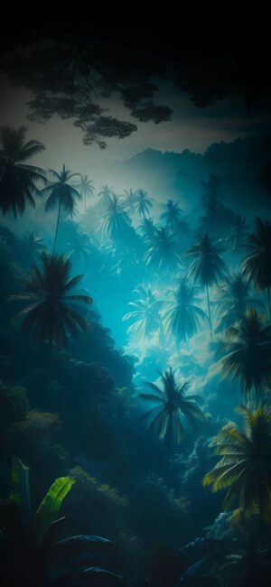 'Tropical landscape with misty palm trees, lush greenery & illuminated foliage; tranquil & exotic atmosphere | 4K Wallpaper for Mobile'