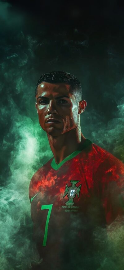 Soccer player in red and green jersey number 7, surrounded by smoke effects, intense and dynamic | 4K Wallpaper for Mobile