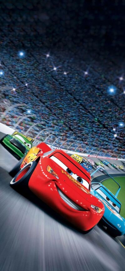 Lightning McQueen racing scene from Disney Pixar's "Cars," featuring vibrant red, blue, and green hues for mobile. | 4K Wallpaper